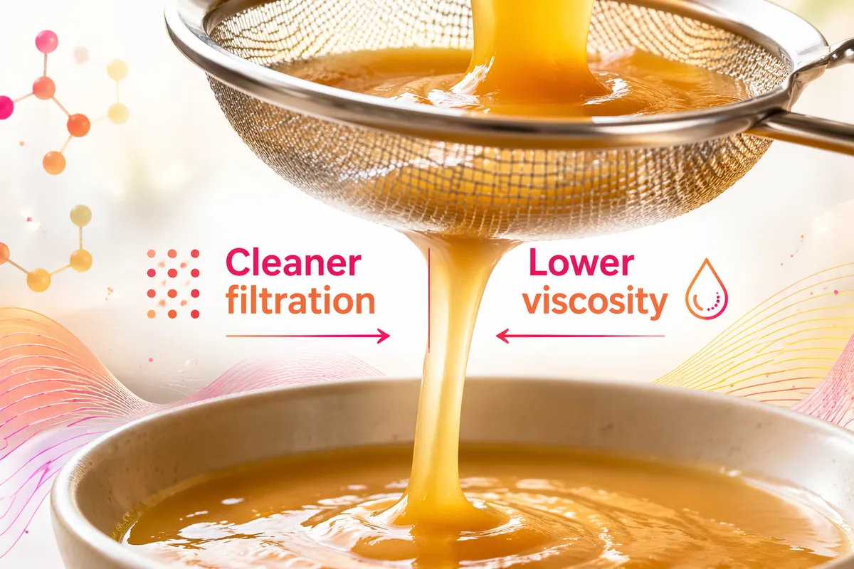 Thick starchy slurry passing through a stainless sieve, showing how lower viscosity eases filtration