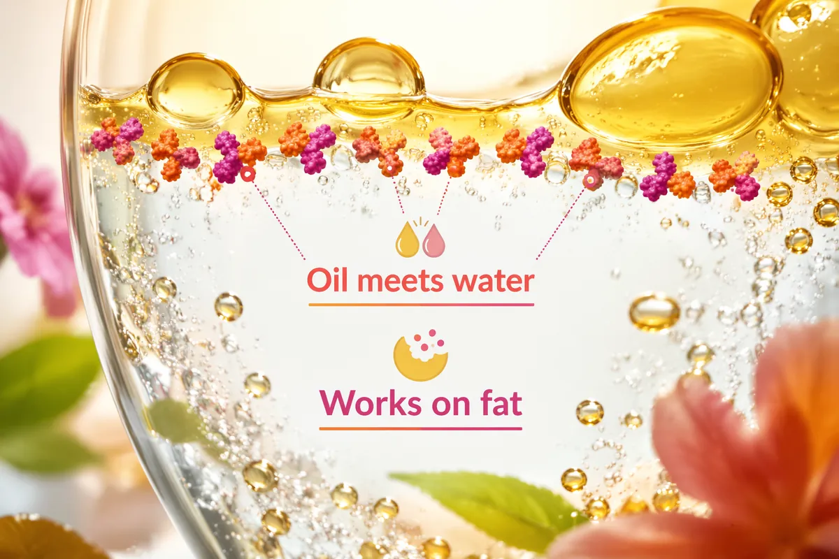 Oil droplets resting on a water phase, with enzyme molecules gathered at the oil-water interface